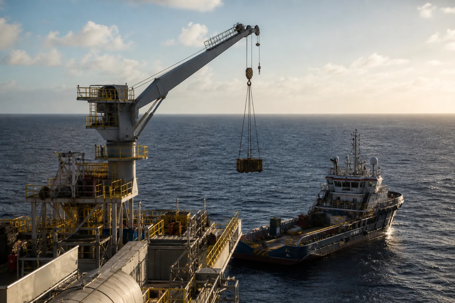 Offshore lifting crane and marine support vessel during an industrial operation