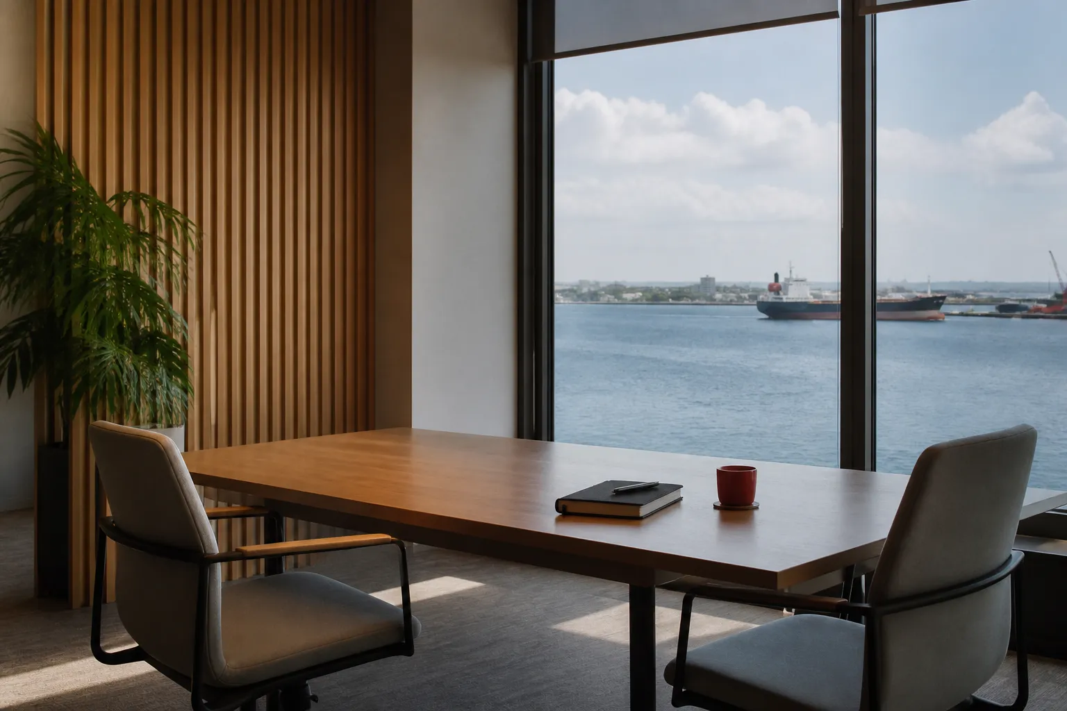 Modern maritime business meeting room overlooking a harbour
