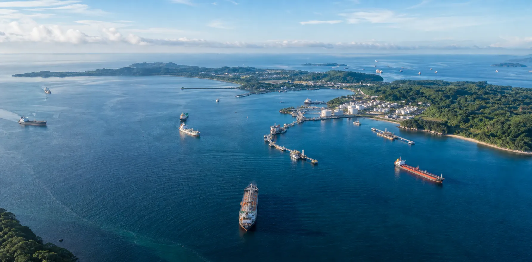 Aerial view of a tropical maritime trading gateway and commercial harbour